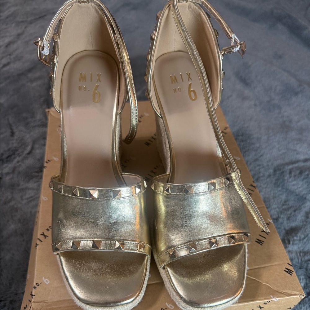 Mix No. 6 Metallic Gold Studded Block Heel Sandals
